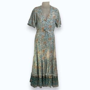 Vintage R. Vivimos Blue Floral Boho Maxi Dress Tie Waist Prarie V-neck Size M